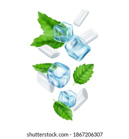 Mint Gum And Ice Cubes. Realistic Fresh Chewing Gums Illustration