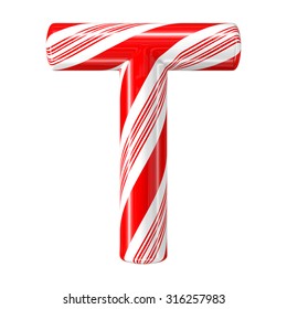 Mint Hard Candy Cane 3d Alphabet Collection Striped In Christmas Colours. Letter T.