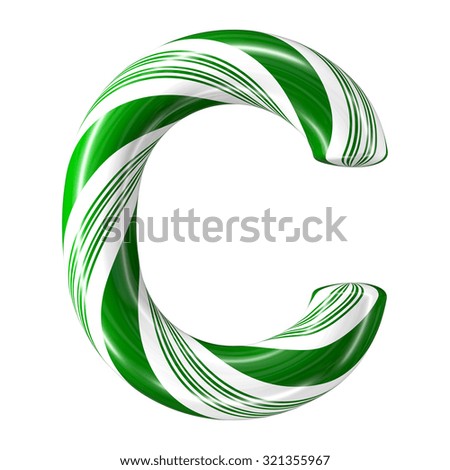 Mint hard candy cane 3d alphabet collection striped in Christmas colours. Letter C.