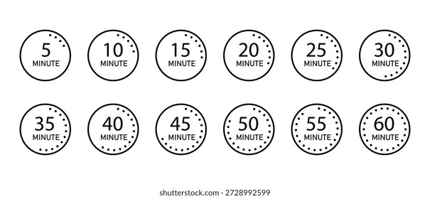 Minute Timer Icons Set from 5 to 60 Minutes, Circular Countdown Badges with Dotted Progress Indicator, Minimal Time Management Vector Illustration