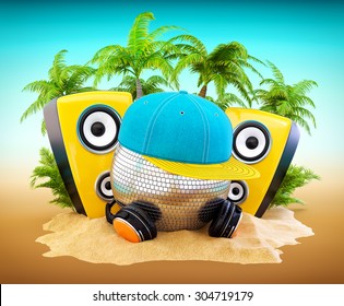 Mirror Ball With Cap And Headphones. DJ On The Beach Party.