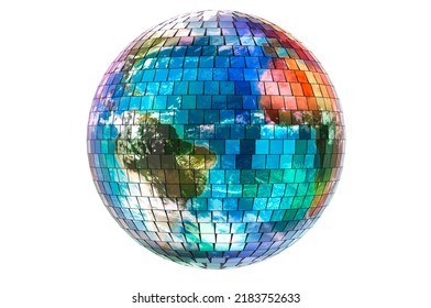 Mirror Disco Ball With Earth Map Texture, 3D Rendering Isolated On White Background