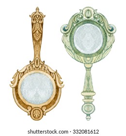 Mirrors Set. Vintage Hand Mirror Isolated On White Background. Old Fashioned Mirrors. Watercolor Hand Painted Illustration