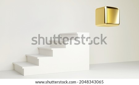Miscalculation! Construction error or pointless pursuit of perfection illustrated in 3d, white stairs leading nowhere near the coveted golden cube. Abstract symbol of  an epic fail.