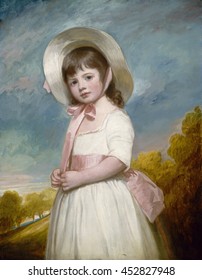 Miss Juliana Willoughby, by George Romney, 1781-83, British painting, oil on canvas. The only child of an Oxfordshire baron, the sitter is painted pastel tints of the three primary hues: red, yellow,