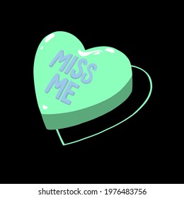 Miss Me Candy Heart Novelty Illustration Solo Sticker, Bright Green With Light Purple Hand Lettering, Hand Drawn Single Icon, Cheeky Funny Romantic Decoration, Tattoo, Card Design