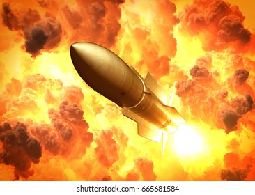 Missile Launch In The Clouds Of Fire. 3D Illustration.