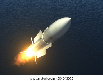 Missile Launch On The High Seas. 3D Illustration.