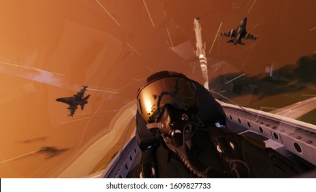 Missile over jet fighter pilot in cockipt view of air combat 3d render