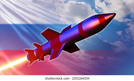 Missile weapons of Russia. Super high-speed air missiles concept. Rocket with fire on background of Russian flag. Anti-missile weapons of Russian Federation. Russian ballistic rocket tests 3d image.