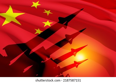 The missiles are aimed with Chine flag. Nuclear bomb, chemical weapons, missile defense, a system of salvo fire. 3d-rendering.