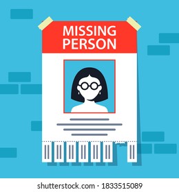 Missing Person Announcement. Flyer Hanging On A Brick Wall. Flat Illustration.