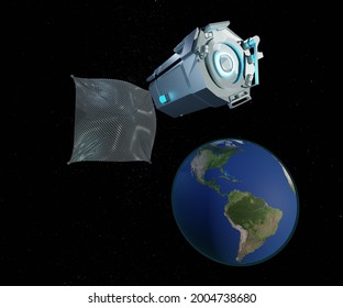 Mission For Satellite To Clean Up Space Debris Or Junk Around Earth 3d Rendering