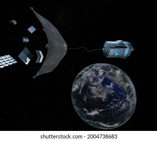 Mission For Satellite To Clean Up Space Debris Or Junk Around Earth 3d Rendering