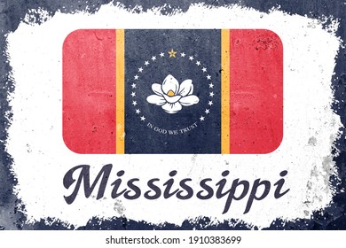 Mississippi state flag vintage road tin sign rusty board. Retro grunge flag of Mississippi decor background.