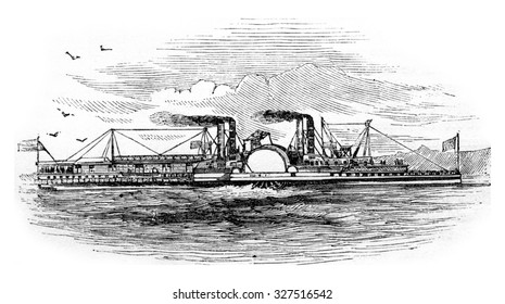 Mississippi Steamboat, Vintage Engraved Illustration.
