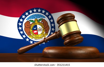 Missouri State Laws, Legal System And Justice Concept With A 3d Render Of A Gavel On A Wooden Desktop And The Missourian Flag On Background.