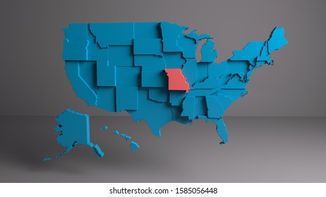 MISSOURI - State map with 3D rendering of the United States.