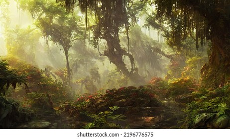 mist in the forest with sun rays shining