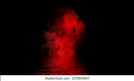 Mistery Coastal Fog . Red Smoke Bomb On The Shore . Reflection In Water.