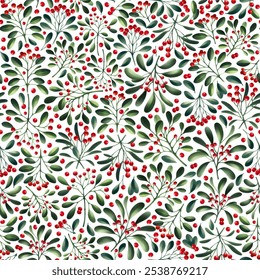 Mistletoe seamless pattern on white background, green leaves, red berries, plant minimalistic design, mistletoe leaves and berries, simple ornament with mistletoe branches, festive botanical mistletoe