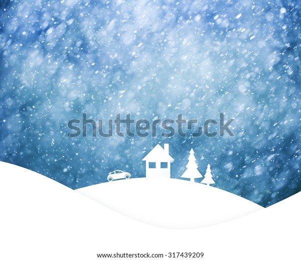 Misty blue colored sky\
with realistic heavy snowfall, Christmas and New Years Holiday\
winter landscape scene with house, car and trees. Illustration\
family greeting\
card.