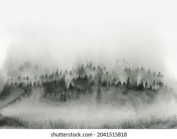 Misty Forest Watercolor Wall Art For Print. Ethereal Woodland In Fog, Foggy Wild Nature Poster With Pine Trees. Forestry Illustration Background. High-quality Photo