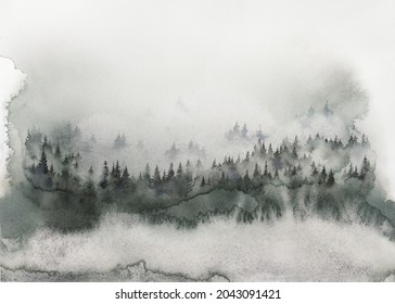 Misty forest watercolor wall art for print. Ethereal woodland in fog, foggy wild nature poster with pine trees. Forestry illustration background. High-quality photo