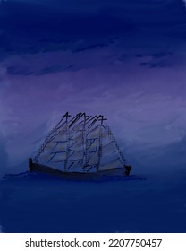 Misty Ghost Pirate Ship Fog Purple Blue Midnight Sky's Dark Waters Ocean Sea Vessel Tall Mast 