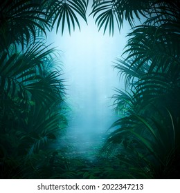 Misty jungle nature frame - 3D illustration of mysterious rainforest background with light rays shining through forest canopy framing copy space