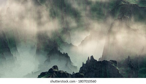 Misty Mountain With Fog Over Peak 3D Illustration