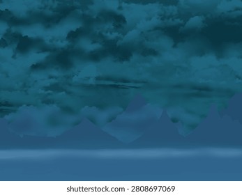 A misty mountain range under a heavy, dramatic sky. The entire artwork is rendered in a cool, dark color palette consisting entirely of various shades of teal, deep blue, and slate gray.