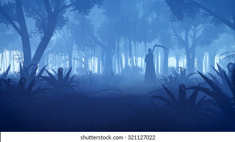 Misty Night Forest With Silhouette Of A Grim Reaper In The Distance. Realistic 3D Illustration Was Done From My Own 3D Rendering File.