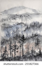 Misty Pine Forest With And Air Perspective And A Flock Of Birds. Original Watercolor Painting On Rice Paper.