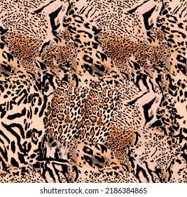 Mix Animal Skin With Leopard, Zebra Seamless Pattern For Textile Print, Wallpaper.