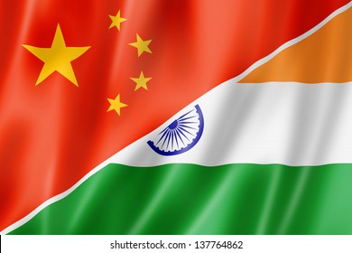 Mixed China And India Flag, Three Dimensional Render, Illustration