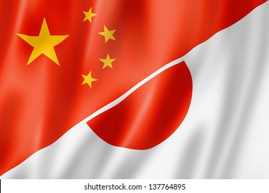 Mixed China And Japan Flag, Three Dimensional Render, Illustration