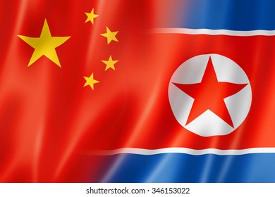 Mixed China And North Korea Flag, Three Dimensional Render, Illustration