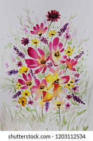 Mixed Flowers Watercolor Painting Stock Illustration 1203112534 ...