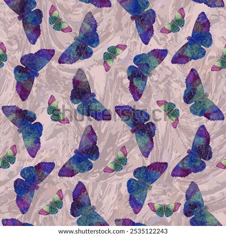 Mixed media butteflies pattern. Endless texture on textured rose background. Print for women textile, notebook covers, bedding