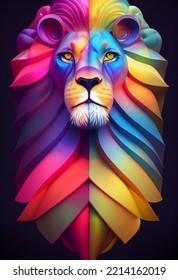 Mixed Media Lion, Lisa Frank Style, Gems, Octane Render, Voluminous Lighting, Rule Of Thirds