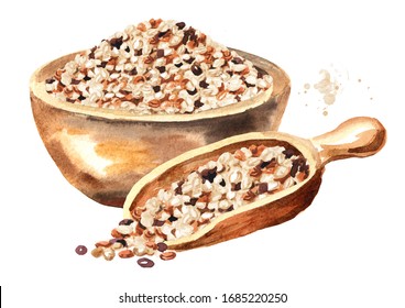 Mixed quinoa seeds in the bowl. Hand drawn watercolor illustration, isolated on white background