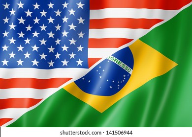 Mixed USA And Brazil Flag, Three Dimensional Render, Illustration