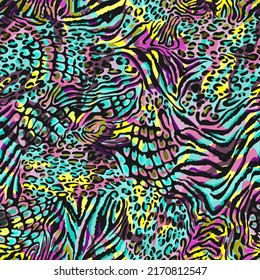 Mixed zebra stripes   leopard spots print  Geometric seamless pattern and different animal skin textures  Bright colorful tropical paints background  Textile   fabric fashion design 