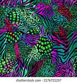 Mixed zebra stripes and leopard spots print. Geometric seamless pattern with different animal skin textures. Bright colorful tropical paints background. Textile and fabric fashion design.
