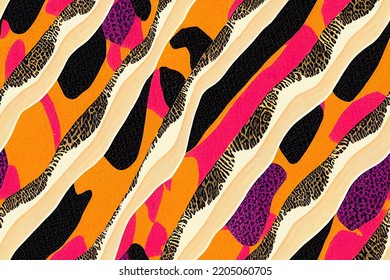 Mixed zebra stripes   leopard spots print  Geometric seamless pattern and different animal skin textures  Bright colorful tropical paints background  Textile   fabric fashion design 
