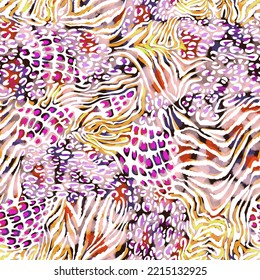 Mixed zebra stripes   leopard spots print  Geometric seamless pattern and different animal skin textures  Bright colorful tropical paints background  Textile   fabric fashion design 