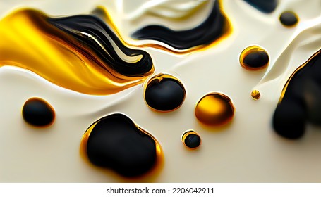 Mixing Acrylic Paint, Liquid Paint Abstract White With Gold And Black. Abstract Background. Beautiful Liquid Swirl.