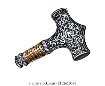 Mjolnir, the battle magic hammer of the Scandinavian God Thor, son of Odin, a mythological artifact, an isolated image on a white background.