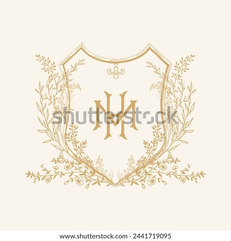MK initial botanical wedding crest design. Vintage monogram with botanical floral crest design.
